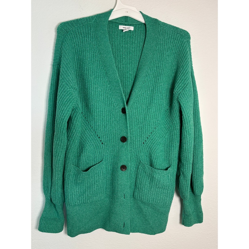 Nine West Green Chunky Knit Button Front Cardigan Sweater Pockets Medium